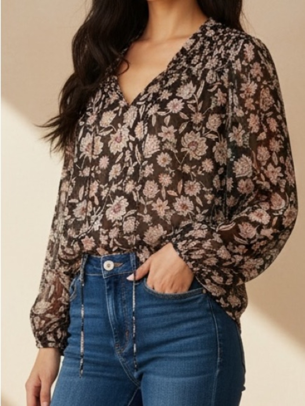Dynamite Black Sheer Floral Blouse | Size S